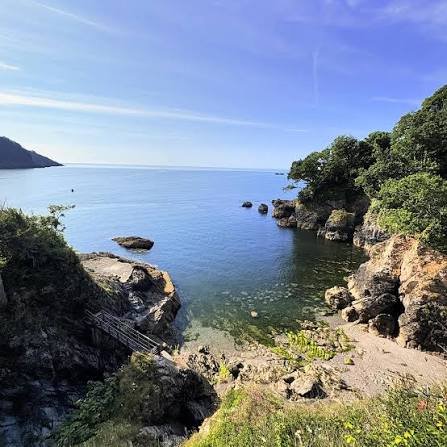 Castle Cove — a secluded beach below Dartmouth Castle with turquoise water and rugged cliffs